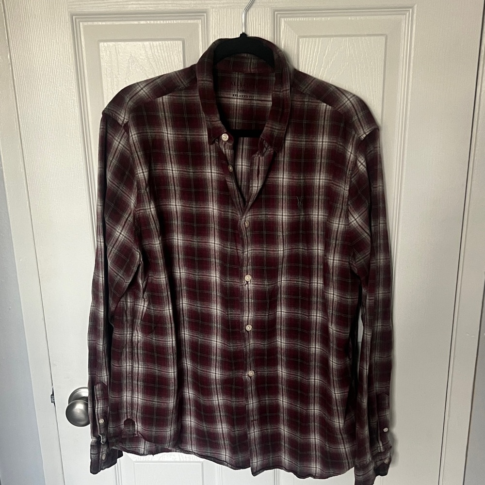 All Saints Burgundy and White Plaid Casual Flannel Shirt